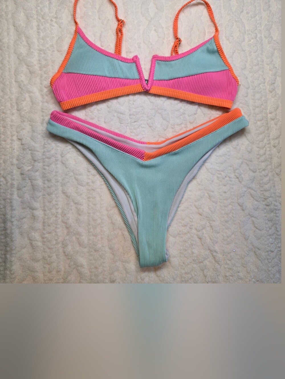 Colorblock Ribbed Bikini Set Pastel Pink Blue Orange Size L